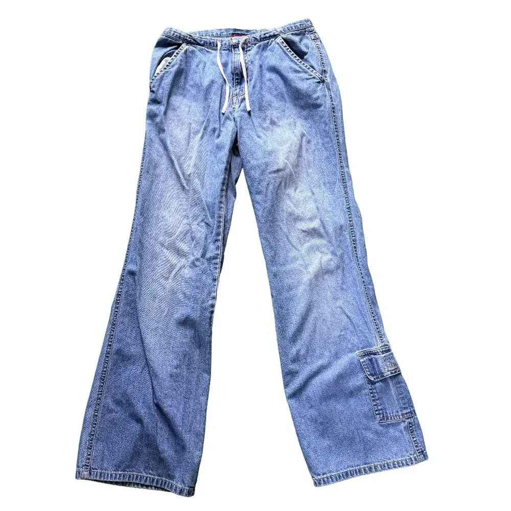 Old Navy Y2K Vintage 2002 Wide Leg Cargo Jeans Girls 14 Light Wash Denim XS**